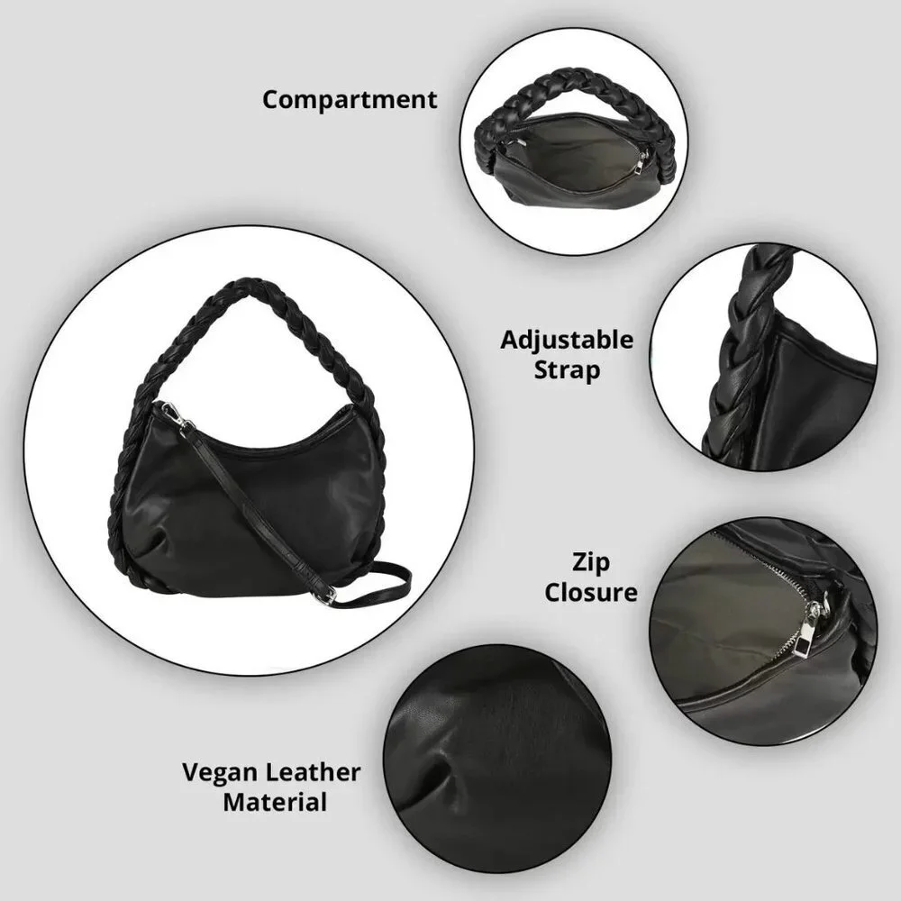 New Braided Handle Vegan Leather Hobo‎ Bag in White